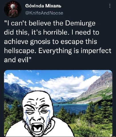 Govinda Mixanb @KnifeAndNoose can't believe the Demiurge did this, it's horrible. need to achieve gnosis to escape this hellscape. Everything is imperfect and evil" or у