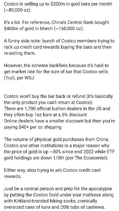 Costco is selling up to in gold bars per month (~80,000 It's a lot. For reference, China’s Central Bank bought of gold in March (~160,000 A funny side note: bunch of Costco members trying to rack up c
