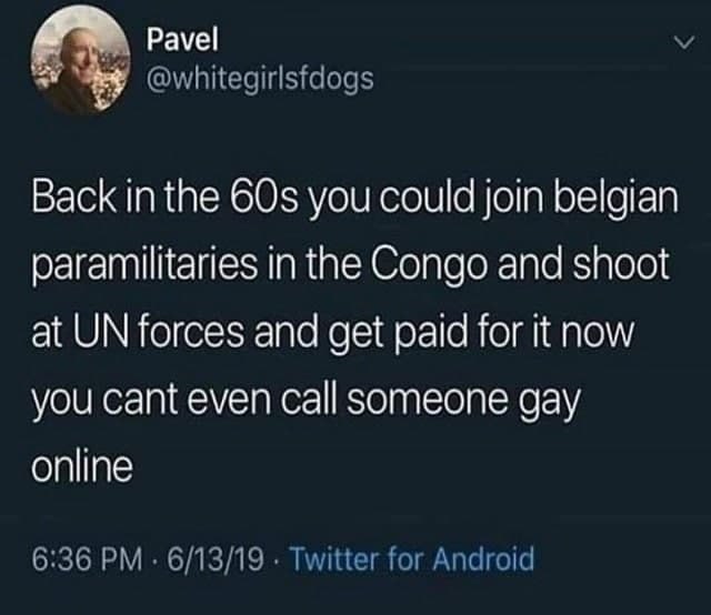 Pavel @whitegirlsfdogs Back inthe 60$ you could join belgian paramilitaries in the Congo and shoot at forces and get paid for it now you cant even call someone gay online 6:36 6/13/19 Twitter for Andr