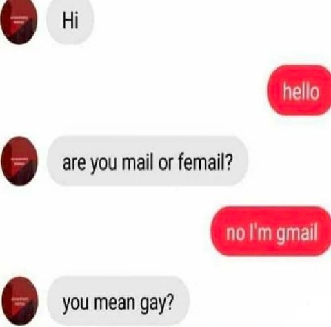are you mail or femail? you mean gay?