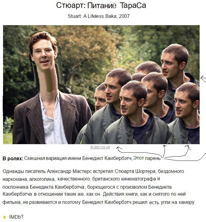 Стюарт: Питание ТараСа Stuart: A Lifeless Baka, 2007 4 4 у. 4 A К у 4 В ролях: Смешная вариация имени Бенедикт Камбербэтч, Этот парень Однажды писатель Александр Мастерс встретил Стюарта Шортера, безд