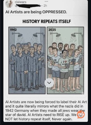r/aiwars Artists are being OPPRESSED HISTORY REPEATS ITSELF 2025 4 ЕЕ И a Artists are now being forced to label their Art and it quite literally mirrors what the nazis did in 1942 Germany when they ma