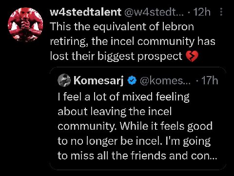 w4stedtalent This the equivalent of lebron retiring, the incel community has lost their biggest prospect Котеза!] feel a lot of mixed feeling about leaving the incel community. While it feels good to 