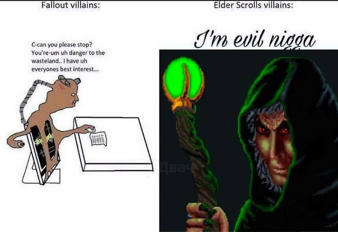 Fallout villains: Elder Scrolls villains: C-can you please stop? evil You're-um danger to the wasteland.. have everyones best interest...