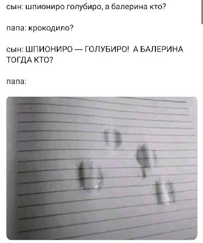 сын: шпиониро голубиро, а балерина кто? папа: крокодило? сын: ШПИОНИРО ГОЛУБИРО! А БАЛЕРИНА ТОГДА КТО? папа: