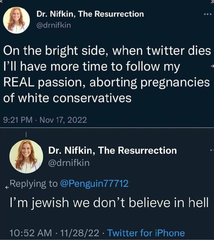 Nifkin, The Resurrection О @drnifkin On the bright side, when twitter dies have more time to follow REAL passion, aborting pregnancies of white conservatives 9:21 Nov 17, 2022 Nifkin, The Resurrection