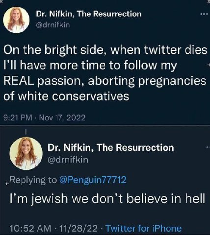 Nifkin, The Resurrection О @drnifkin On the bright side, when twitter dies have more time to follow REAL passion, aborting pregnancies of white conservatives 9:21 Nov 17, 2022 Nifkin, The Resurrection