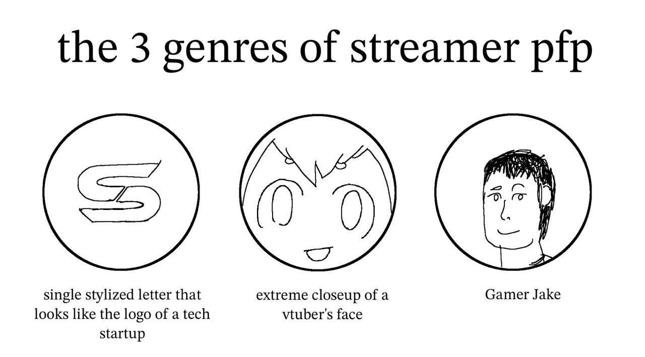 the 3 genres of streamer pfp Gamer Jake single stylized letter that extreme closeup of a vtuber's face looks like the logo of a tech startup