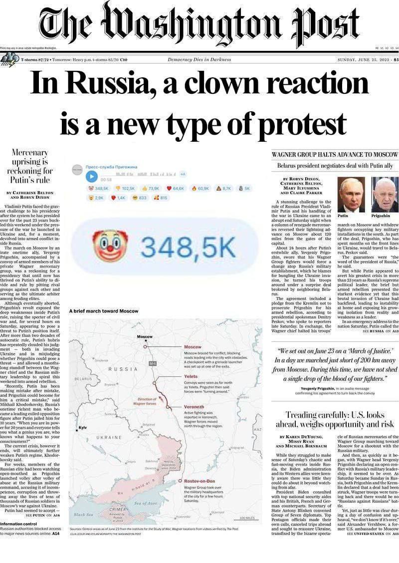0 Heasy 85/70 Democracy Dies in Darkness SUNDAY, JUNE 25, 2023 $5 In Merc enary WAGNER GROUP HALTS ADVANCE TO MOSCOW rising Is Belarus president negotiates deal with Putin ally reckoning for 55 rule К