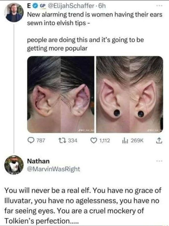 @ElijahSchaffer New alarming trend is women having their ears sewn into elvish tips people are doing this and it’s going to be getting more popular О 787 13 334 1112 ili Nathan @MarvinWasRight You wil
