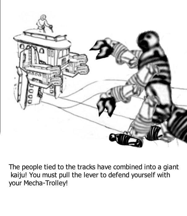 Set Wwe (4 The people tied to the tracks have combined into а giant kaiju! You must pull the lever to defend yourself with your Mecha-Trolley!