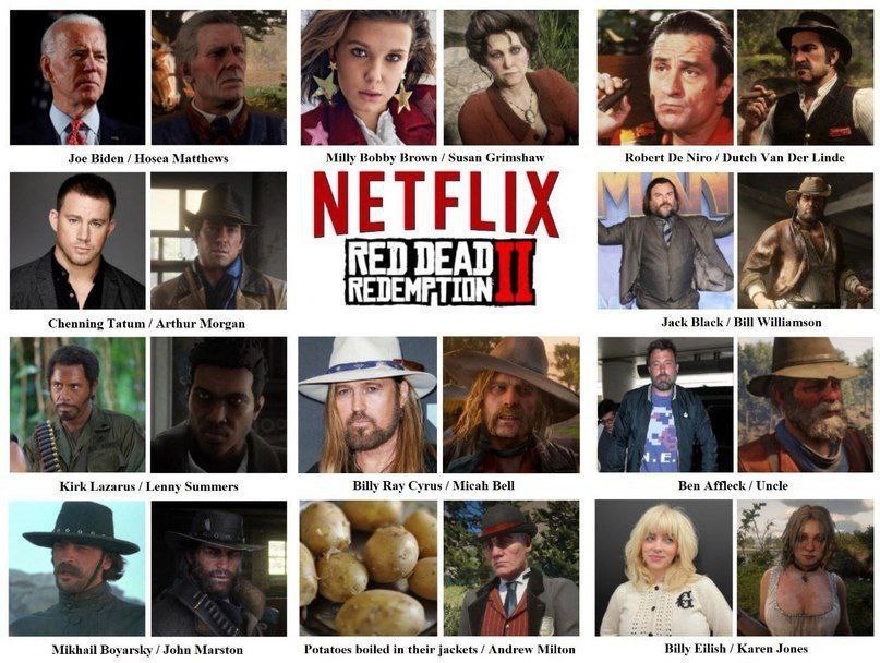 oF к ets 3 <4 а 1 Joe Biden Hosea Matthews Milly Bobby Brown Susan Grimshaw Robert Niro Dutch Van Der Linde а RED DEAD REDEMPTION Chenning Tatum Arthur Morgan Jack Black Bill Williamson i+ 4 у 4 я а a