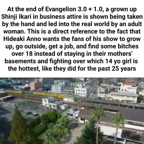 Shinji Ikari in business attire is shown being taken by the hand and led into the real world by an adult woman. This is a direct reference to the fact that Hideaki Anno wants the fans of his show to g