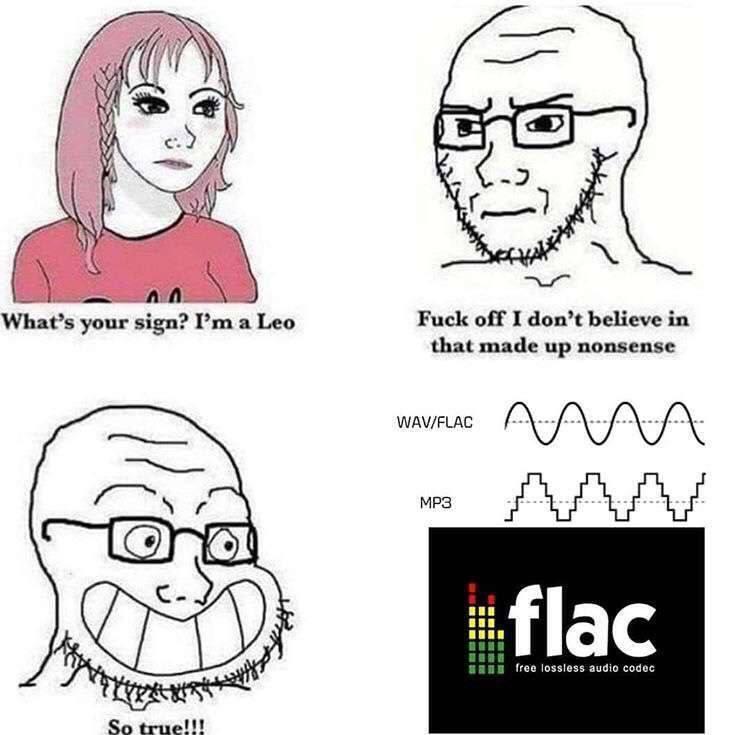 -2 What’s your sign? Риз а Leo Fuck off I don’t believe in that made up nonsense WAV/FLAC aan Нас free lossless audio codec So true!!!