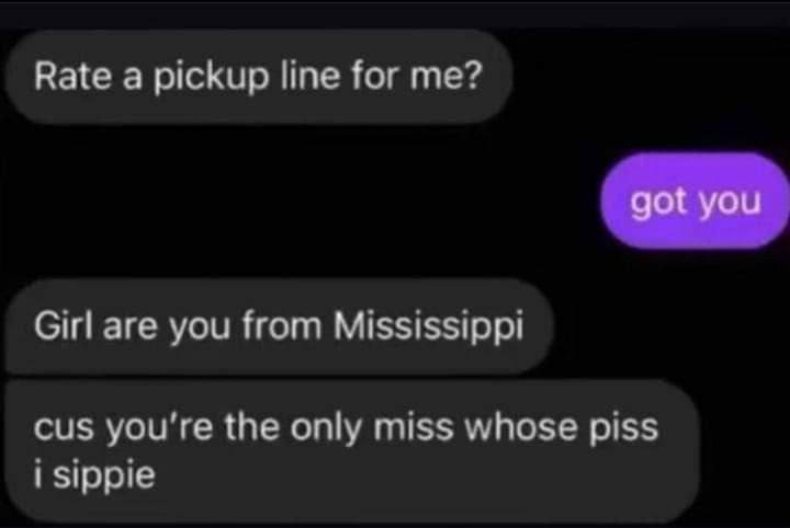 Rate a pickup line for me? Girl are you from Mississippi cus you're the only miss whose piss i sippie
