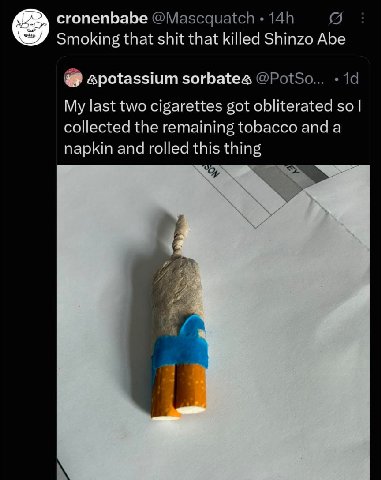 cronenbabe @Mascquatch Smoking that shit that killed Shinzo Abe @PotSo... My last two cigarettes got obliterated so collected the remaining tobacco anda napkin and rolled this thing 1