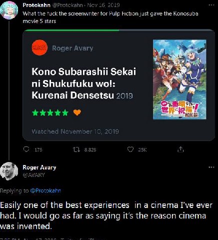 Protokahn No 16, 2019 What the fuck the screenwriter for Pulp Fiction just gave the Konosuba movie 5 stars Roger Ауагу Kono Subarashii Sekai Shukufuku Kurenai Densetsu 2019 kkkkk atched November 10, 2