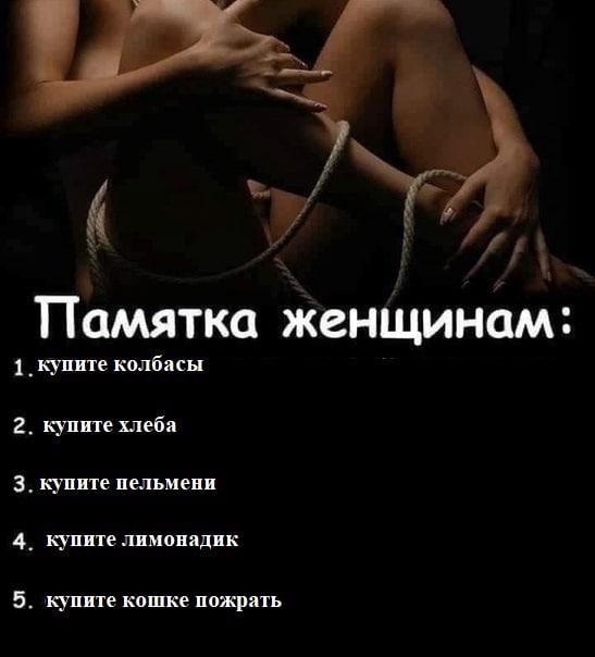 Памятка женщинам: 1 купате колбасы 2. купите хлеба 3, купите пельмени 4. купите лимонадик 5. купате кошке пожрать