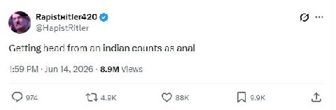 Rapistuitler420 2 @HapistRitler Getting head from an indian counts as anal 1:59 Jun 14, 2026 Views 974 ззк э.эк