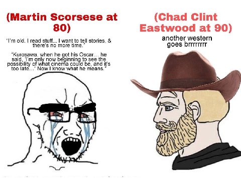 (Martin Scorsese at (Chad Clint 80) Eastwood at 90) another western old. read stuff... want to tell stories, ere’s no more time. goes brrrrrrrr “Kurosawa, when he got his Oscar... he said, only now be