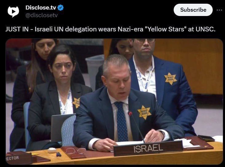Disclose.tv JUST IN Israeli delegation wears Nazi-era "Yellow Stars" at UNSC.