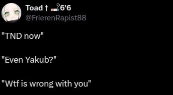 Toad @FrierenRapist88 "ТМО now" "Even Yakub?" "Wtf is wrong with you"