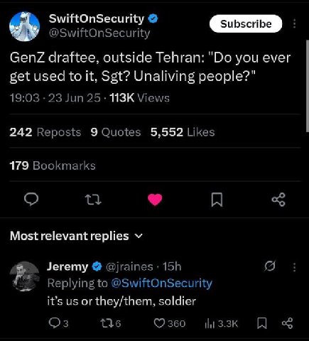 Subscribe GenZ агаЦее. outside Tehran: you ever set used to it, Sst? Unaliving people?" 242 9 5.552 179 Mostrelevantreplies Jeremy its or they/them. soldier