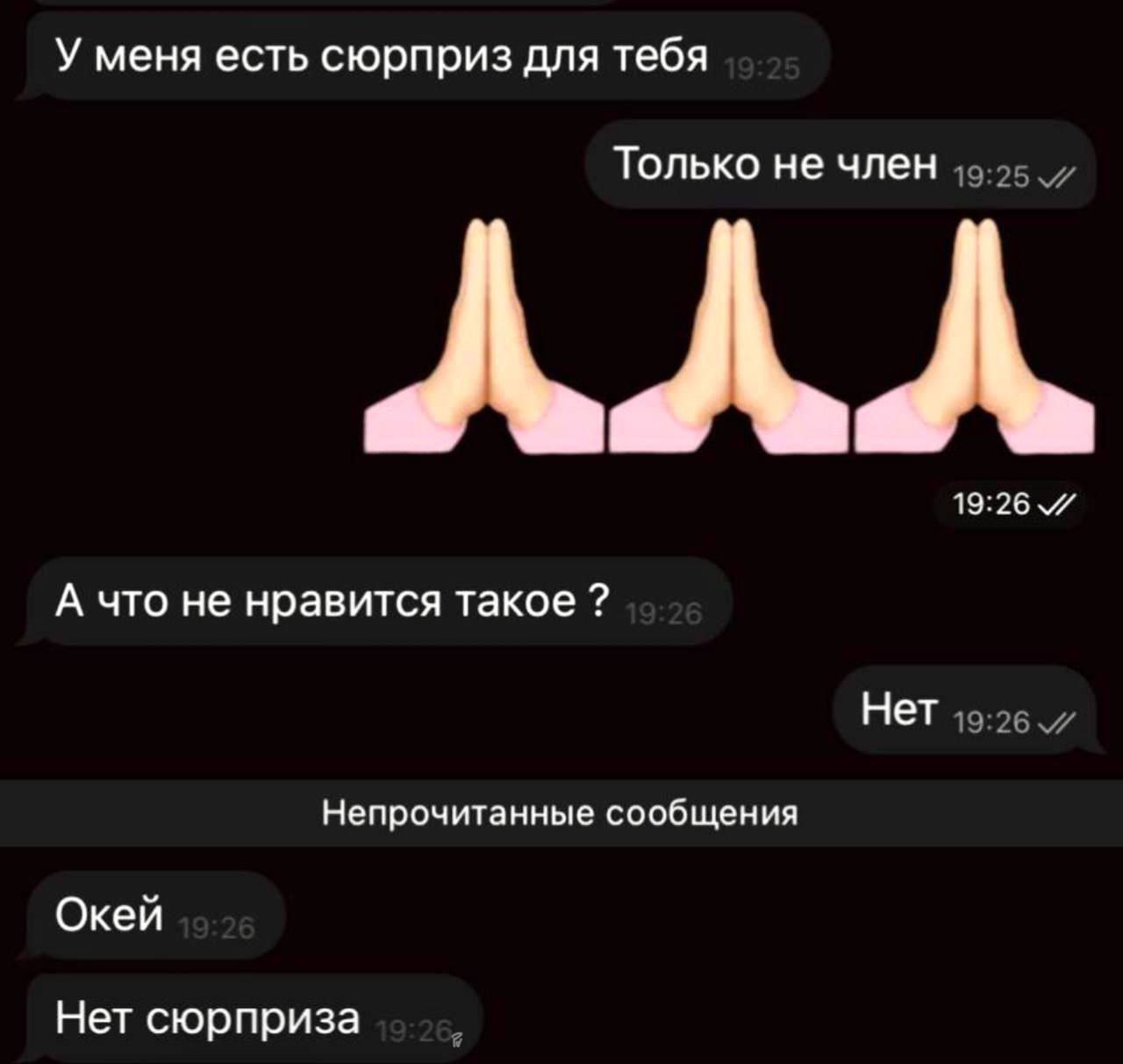 У меня есть сюрприз для тебя Только не член АЛЛ 19:26 А что не нравится такое Нет Непрочитанные сообщения Окей Нет сюрприза