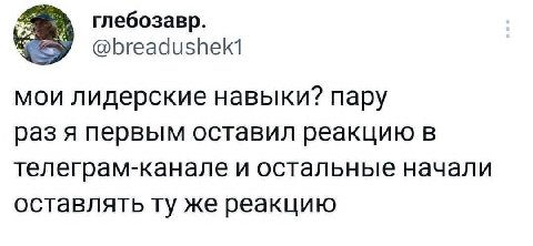 глебозавр. @breadushekt мои лидерские навыки? пару раз я первым оставил реакцию в телеграм-канале и остальные начали оставлять же реакцию