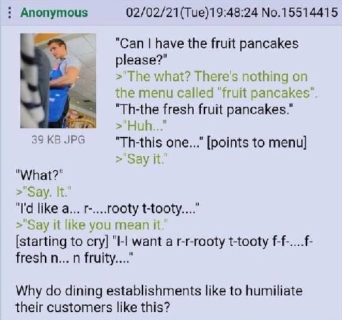 Anonymous 02/02/21(Tue)19:48:24 No.15514415 "Can have the fruit pancakes The what? There's nothing on =the menu called "fruit pancakes”. fresh fruit pancakes." 39 JPG "Th-this one..." [points to menu]