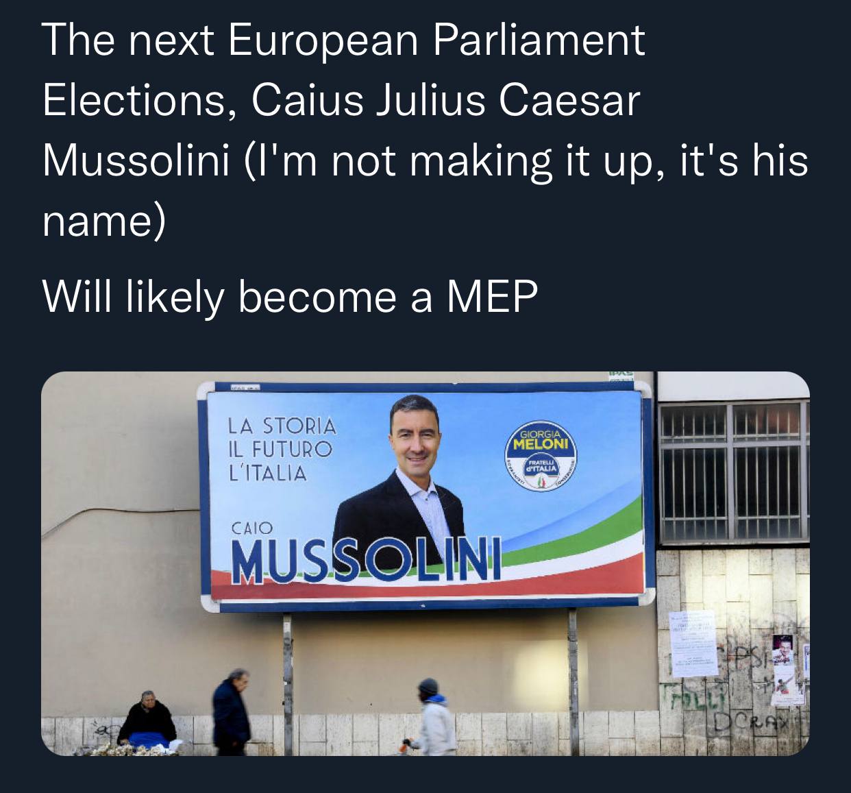 The next European Parliament Elections, Caius Julius Caesar Mussolini not making it up, it's his name) Will likely become a MEP STORIA FUTURO ЕТАЦА САО