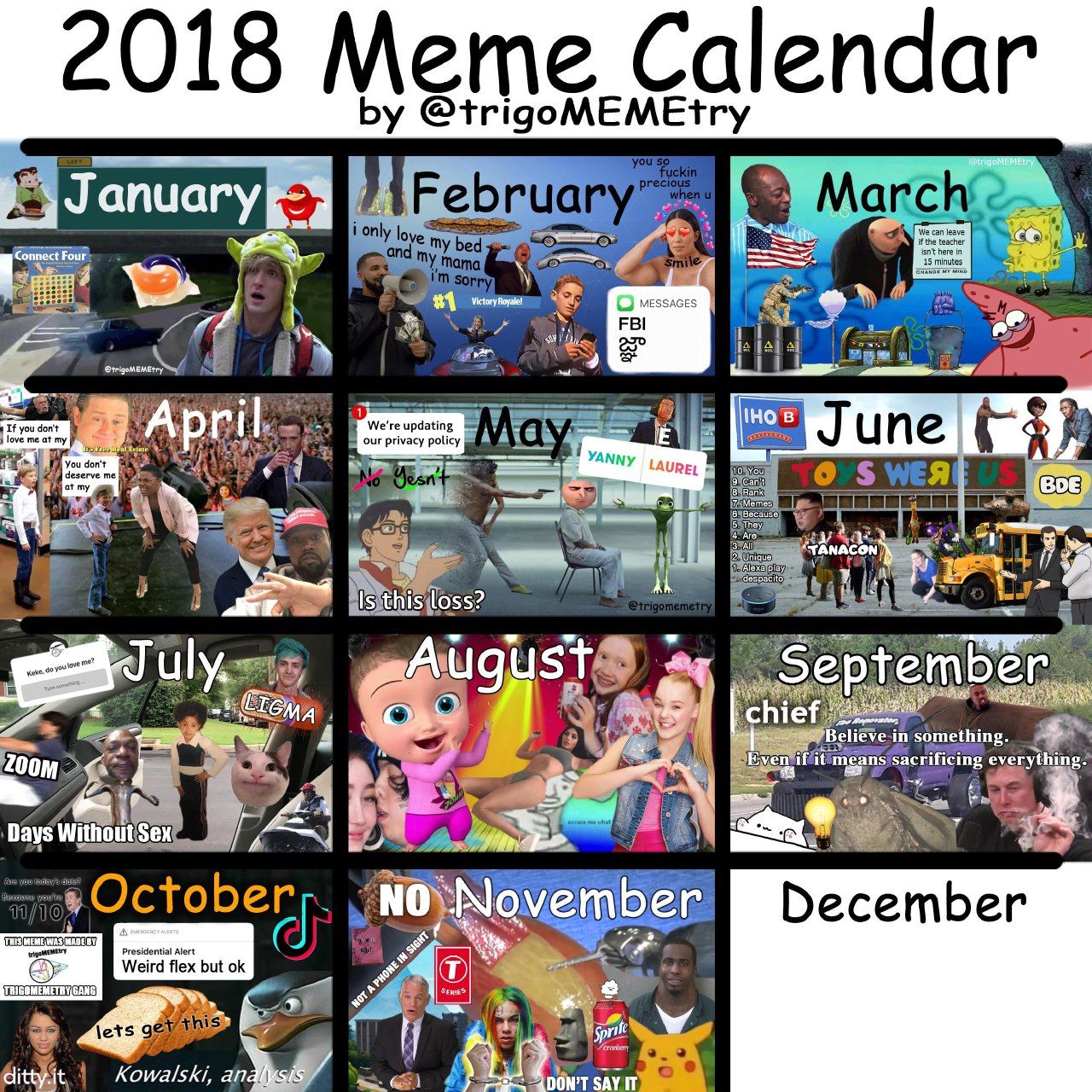 2018 Meme, Calendar @trigoMEMEtry Februar Marche. i only loy, A 2 June 0 МЕЯ Jul emb some everything Days October Presidential Alert Weird flex but lets gey Spat Kowalski, а 1 DON’T SAY IT