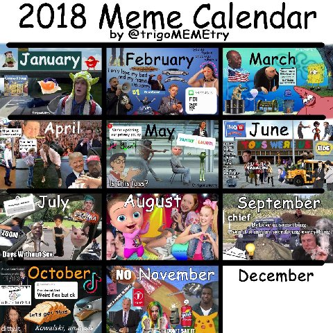 2018 Meme, Calendar @trigoMEMEtry Februar Marche. i only loy, A 2 June 0 МЕЯ Jul emb some everything Days October Presidential Alert Weird flex but lets gey Spat Kowalski, а 1 DON’T SAY IT