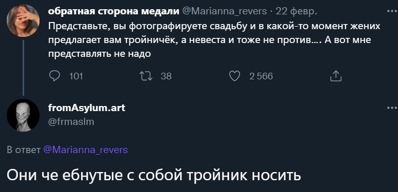 обратная сторона медали 22 февр. Представьте, вы фотографируете свадьбу и в какой-то момент жених предлагает вам тройничёк, а невеста и тоже не А вот мне представлять не надо 101 38 2566 fromAsylum.ar