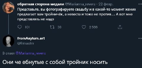 обратная сторона медали 22 февр. Представьте, вы фотографируете свадьбу и в какой-то момент жених предлагает вам тройничёк, а невеста и тоже не А вот мне представлять не надо 101 38 2566 fromAsylum.ar