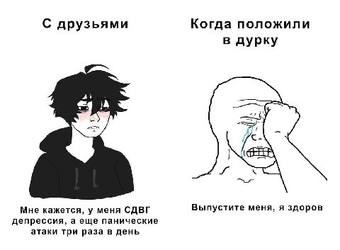 С друзьями Когда положили в дурку Мне кажется, у меня СДВГ Выпустите меня, я здоров депрессия, а еще панические атаки три раза в день