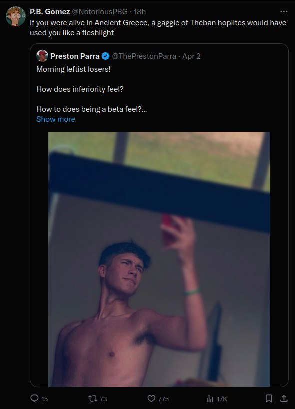 Gomez If you were alive in Ancient Greece. a gaggle of Tneban hoplites would have used you like a fleshlight preston Parra Morning leftist losers! How cloes inferiority feel? How to does being а beta 