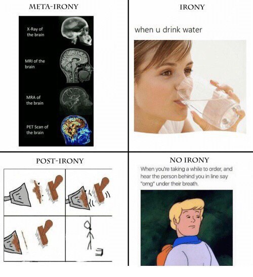 META-IRONY IRONY when drink water 1 7 jill MRA of я the brain POST-IRONY NO IRONY When you'te taking a while to order, and hear the person behind you in line say у “omg” under their breath