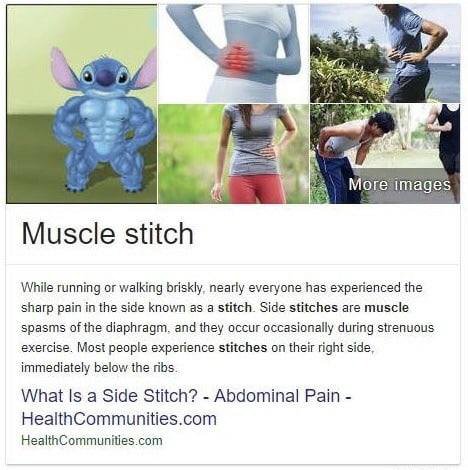 а, 44 к! More images Muscle stitch While running or walking briskly, nearly everyone has experienced the sharp pain in the side known as a stitch. Side stitches are muscle spasms of the diaphragm. and