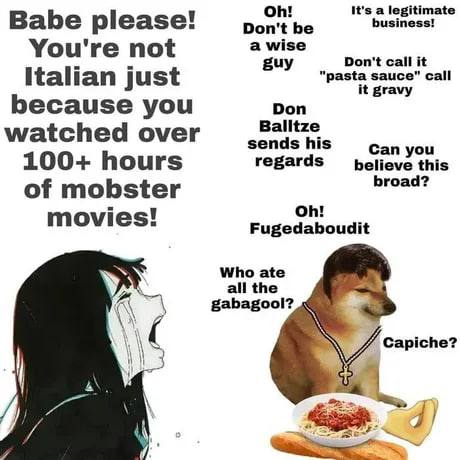 Babe You're not a wise guy Don't call it Italian just call ravy because you Don Вахе watched over can 100+ hours regards believe this of mobster movies! Fugedaboudit у; gabagool? WWS Capiche? 3 a
