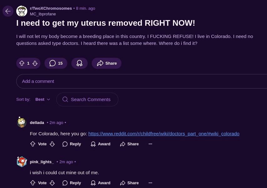 8 min. ago need to get my uterus removed RIGHT NOW! will not let my body become a breeding place this country. FUCKING REFUSE! live in Colorado. need no questions asked type doctors. heard there was a