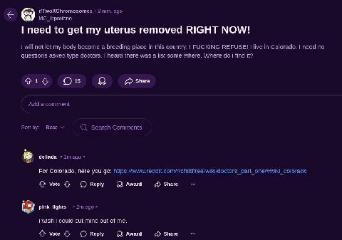 8 min. ago need to get my uterus removed RIGHT NOW! will not let my body become a breeding place this country. FUCKING REFUSE! live in Colorado. need no questions asked type doctors. heard there was a