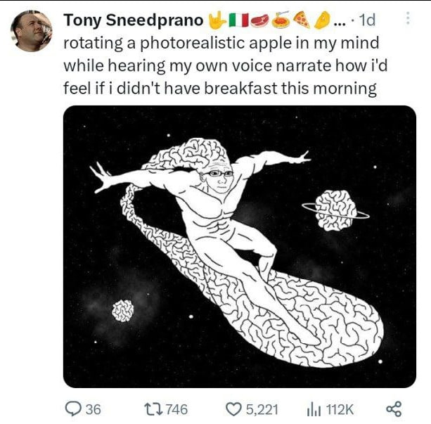 Tony Sneedprano rotating a photorealistic apple in my mind while hearing my own voice narrate how feel if i didn't have breakfast this morning 7 36 746 (7 5,221 112К