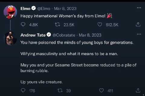 2 Elmo@ @Е!то Маг8, 2023 Happy international Women’s day from Elmo! {1 Апагем Tate @Cobratate Mar 8, 2023 You have poisoned the minds of young boys for generations. Vilifying masculinity and what it m