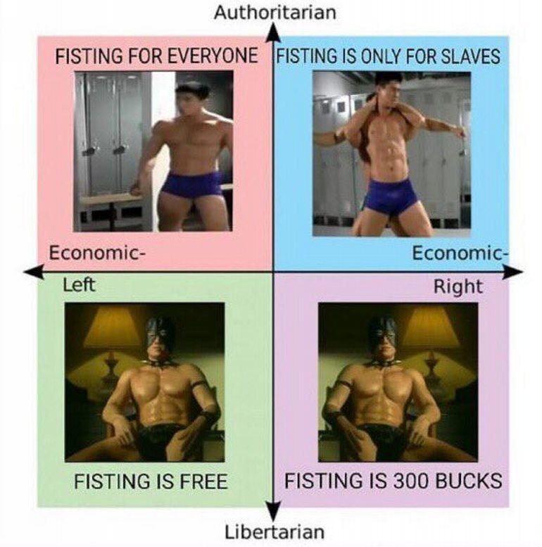 Authoritarian FISTING FOR EVERYONE IS ONLY FOR SLAVES Economic- Economic- Left Right FISTING IS FREE FISTING IS 300 BUCKS Libertarian