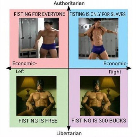 Authoritarian FISTING FOR EVERYONE IS ONLY FOR SLAVES Economic- Economic- Left Right FISTING IS FREE FISTING IS 300 BUCKS Libertarian
