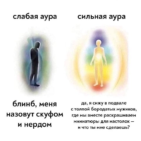 слабая аура сильная аура блинб, меня да, я сижу в подвале с толпой бородатых мужиков, назовут скуфом где мы вместе раскрашиваем миниатюры для настолок и нердом и что ты мне сделаешь?