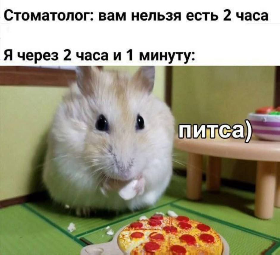 Стоматолог: вам нельзя есть 2 часа Я через 2 часа и 1 минуту: питса} 2