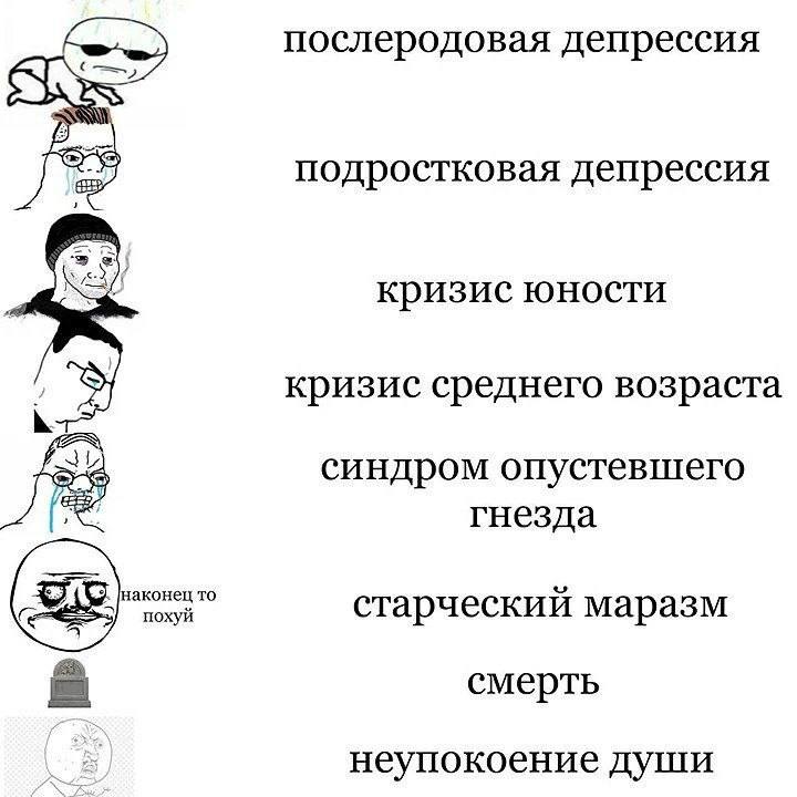 послеродовая депрессия подростковая депрессия кризис юности кризис среднего возраста синдром опустевшего гнезда наконец TO похуй старческий маразм смерть неупокоение души