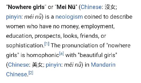 "Nowhere girls" "Mei Nii" (Chinese: pinyin: méi is a neologism coined to describe women who have no money, employment, education, prospects, looks, friends, or sophistication.!"! The pronunciation of 